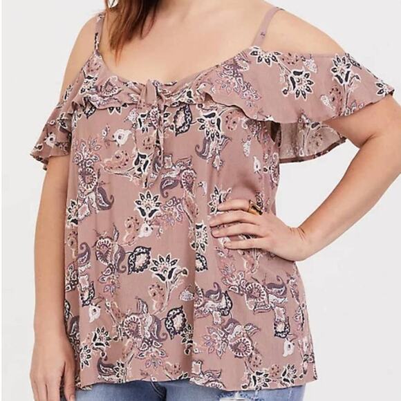 TORRID Walnut Paisley Gauze Cold Shoulder Top Sz 1 - Picture 1 of 8